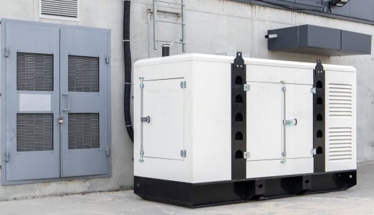 Mobile, standby industrial diesel generator for emergency power supply. Generator with internal combustion engine. For emergency use of electricity outdoors